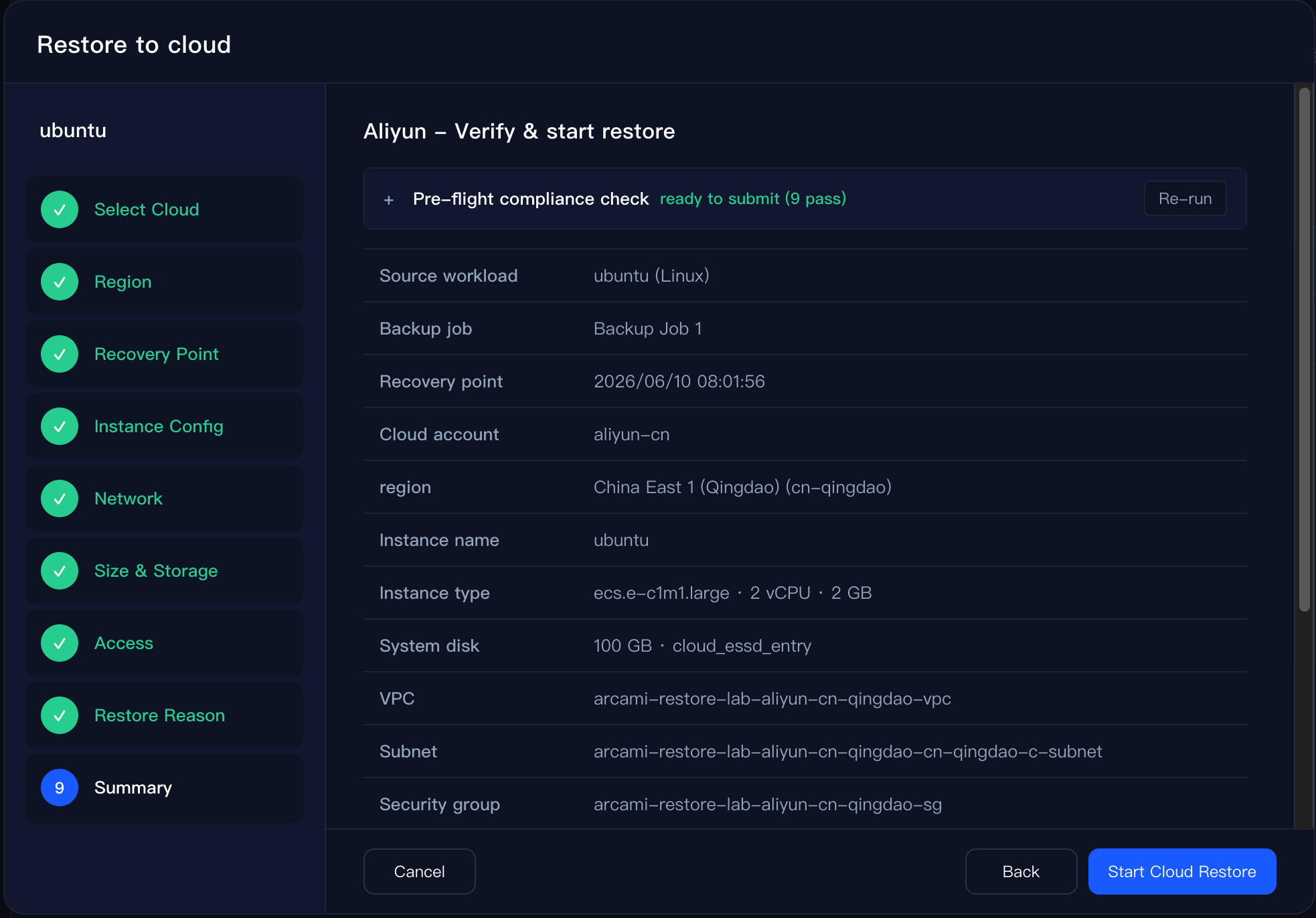Arcami restore wizard preview